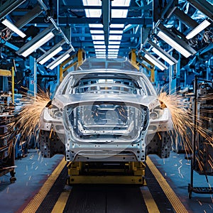 Dynamic car assembly line with welding sparks, machinery, and tools in an industrial factory.