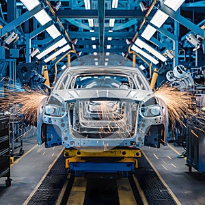 Dynamic car assembly line with welding sparks, machinery, and tools in an industrial factory.