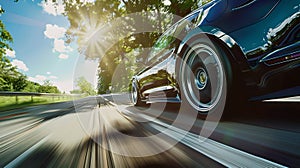 Dynamic Car Travel Concept, Vehicle in Motion on Highway, Sun Flare, Modern Lifestyle on the Road during Summer Time. AI