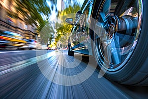 Dynamic Car Wheel Speeding on Urban Street.