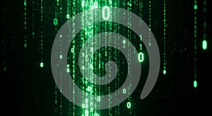 Digital Data Stream of Falling Green Binary Code Numbers on Black Background technology programming