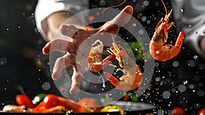 Dynamic Chef Tosses Shrimp with Vegetables in a Flurry of Motion, Culinary Art Captured, Perfect for Cooking and Food