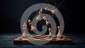 Dynamic chess pieces in motion shattered board dramatic lighting