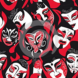 A dynamic Chinese opera mask pattern, where vividly painted faces in red, black, and white create a