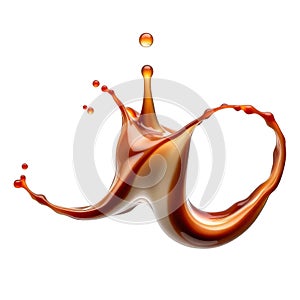 Dynamic chocolate splash frozen in mid air creating an abstract shape isolated on white background