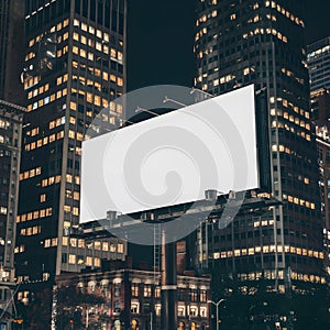 Dynamic cityscape at night with blank billboard, tall buildings, lively atmosphere.