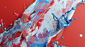 Dynamic clash of red and blue paint splashes