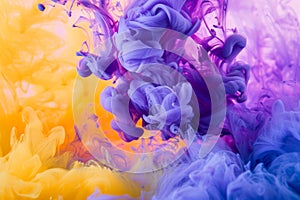 A dynamic clash of yellow and purple ink clouds unfolding underwater with a dreamy allure.