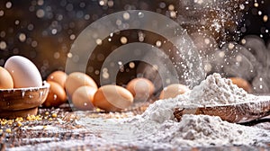 Baking ingredients with flour and eggs on a rustic surface photo
