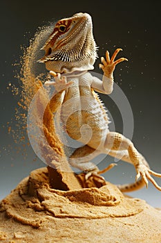 Dynamic Close Up of Bearded Dragon Shaking Off Sand with Vivid Detail on Textured Skin Against a Neutral Background