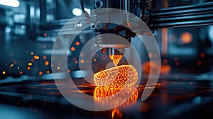 A dynamic close-up of a 3D printer creating a glowing orange object, showcasing advanced technology and innovation
