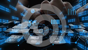 Dynamic Close-Up of Hands Typing on a Keyboard Surrounded by Data Visualization, Analytics Graphs, and Digital Elements