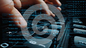 Close-Up of Hands Typing on Keyboard with Motion Blur and Digital Code Overlay for Technology and Programming Themes