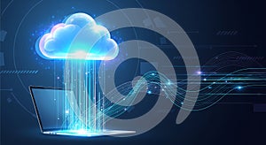 Dynamic cloud computing concept with data streams flowing into a modern laptop screen