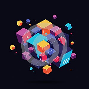 A dynamic cluster of colorful 3D cubes floating against a dark background. The cubes