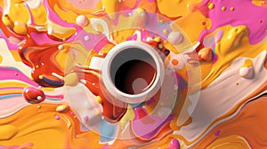 Dynamic Coffee Splash with Floating Spheres on Pink Background