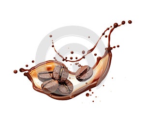 Dynamic coffee splashes with coffee beans in motion on a white background. Generative AI