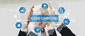Dynamic Collaboration in Cloud Computing with Hands and Digital Icons Representing Data Storage, Backup Solutions, and