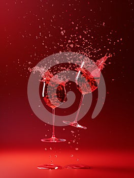 Dynamic Collision of Red Wine Glasses with Vivid Splashes Against Dark Red Background