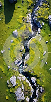 Dynamic Color Contrasts: A Green River Surrounded By Grass