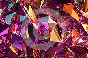 A dynamic, colorful abstract background with a mosaic of triangular reflections. The sharp-edged