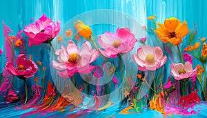 A dynamic and colorful digital painting of cosmos flowers with a vivid blue background, creating an immersive and expressive photo