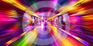 Dynamic and colorful light trails converging in a tunnel, depicting speed and motion