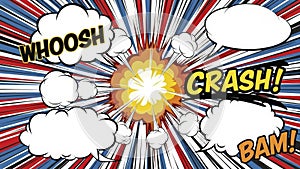 Dynamic Comic Book Explosion Background with Speech Bubbles and Action Words