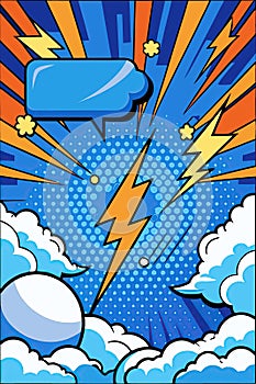 Dynamic comic book style blue background with clouds and bursts