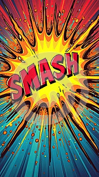Comic book style explosion with bright colorful smash text