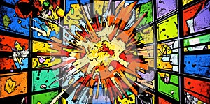 Dynamic comic panel layout with colorful explosion effects, illustrating action and movement