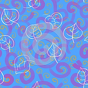 Seamless pattern of abstract elements and white leaves on a blue background for textile.