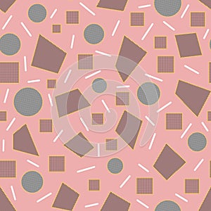 Seamless geometric pattern of abstract textured elements on a pink background with white strokes for textile.