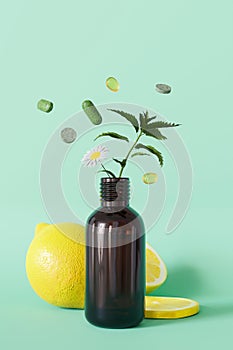 A dynamic composition with herbal pills and a plant sprouting from a bottle, illustrating the natural essence of