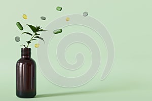 A dynamic composition with herbal pills and a plant sprouting from a bottle, illustrating the natural essence of