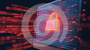A dynamic concept of computer monitor displaying glowing padlock symbol, representing security