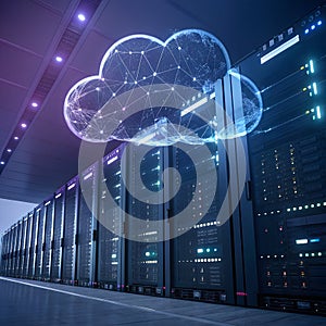 Cloud Computing abstract background with glowing data network and digital storage concept.