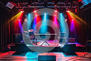 Dynamic concert stage featuring colorful lights and various musical instruments, creating a lively atmosphere photo