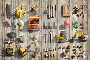 Dynamic Construction Site Display with Workers, Machinery, and Building Materials on a Wooden Background