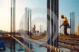 Construction Workers on Site Overseeing Steel Rebar Framework