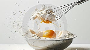 Dynamic cooking moment with egg and flour. action shot in kitchen, baking with motion. fresh ingredients being whisked