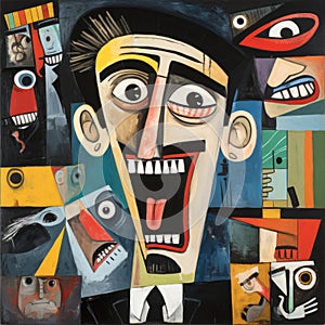 Dynamic Cubist Portrait: Laughing Man In The Style Of George Rouault