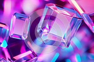 A dynamic 3D background with floating hexagonal prisms that refract multicolored light. The