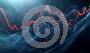 Dynamic 3D data waves with peaks and flowing lines, futuristic and analytical