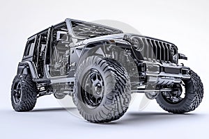 A dynamic 3D of a modern large SUV jeep with semi transparent elements, showing a view of its photo