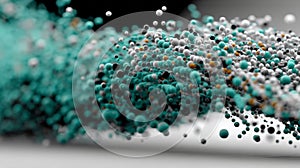 A dynamic 3D motion graphic featuring a left-to-right flow of cyan data dots in varying sizes against a clean white backdrop. photo