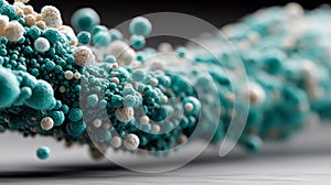 A dynamic 3D motion graphic featuring a left-to-right flow of cyan data dots in varying sizes against a clean white backdrop. photo
