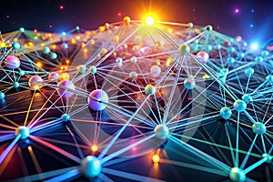 Dynamic 3D Network Visualization Exploring Futuristic Data Flow and Interconnectivity in a Digital Abstract Landscape