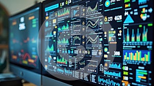 Dynamic data analysis on multiple monitors displaying real-time graphs and charts