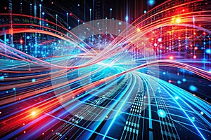Dynamic Data Flow Visualization Abstract Representation of Binary Code and Digital Transmission with Glowing Lines in